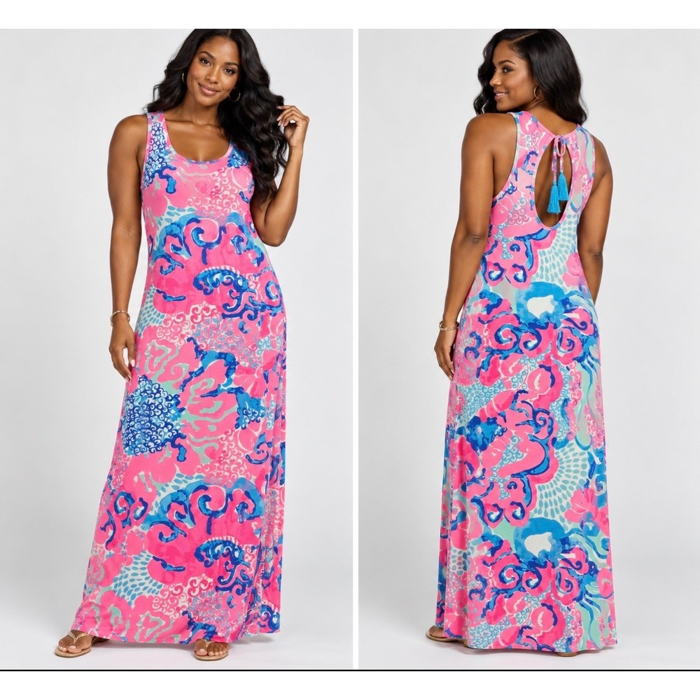 Lilly Pulitzer Maxi Dress Womens L Tassel Keyhole Ribbed Vacation Beach